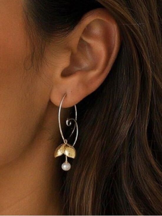 Anthropologie Jewelry - Mixed Metal Leaf & Pearl Drop Earrings in Gold and Silver R 553